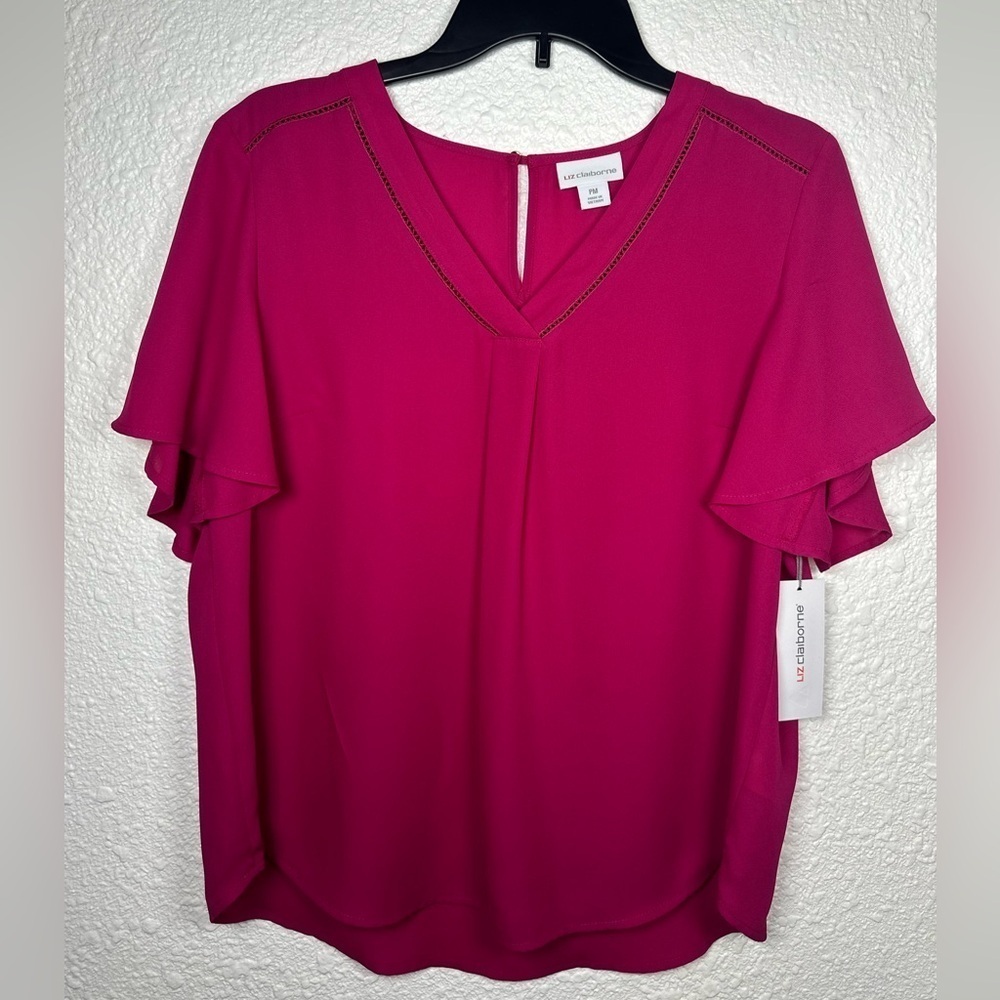 Liz Claiborne Women’s Petite Medium Flutter Sleeve Blouse Pink V-Neck NWT